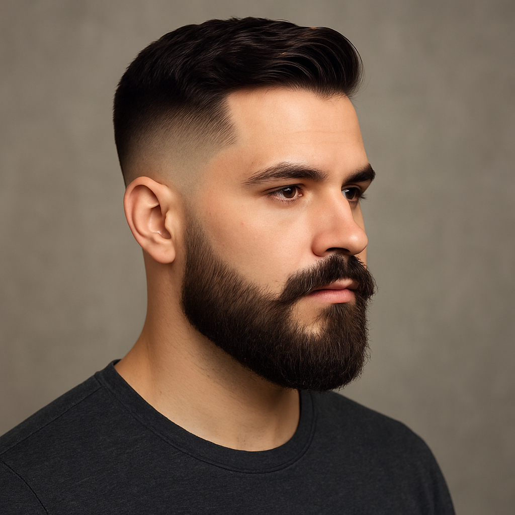 Drop fade with beard and mustache